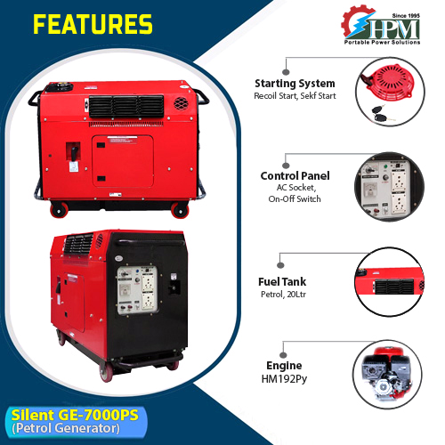 5.5 KVA Portable Generator with lpg , Model Silent GE-7000PS , Petrol Run, Recoil & Self Start